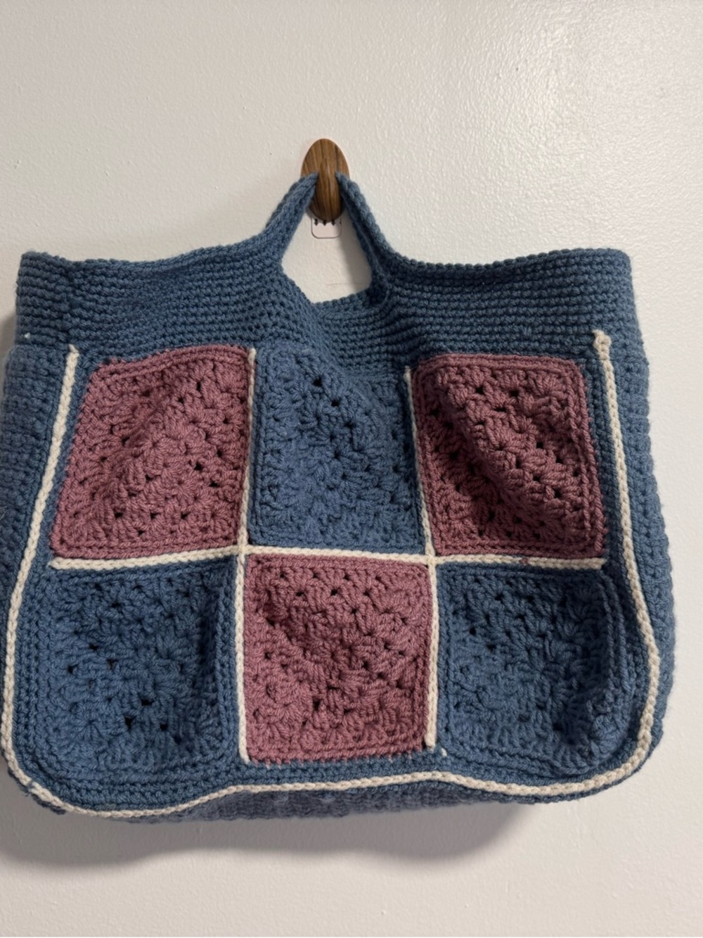 Handmade Crochet Granny Square Tote Bag Blue and Pink Boho Knit Purse - Picture 4 of 10